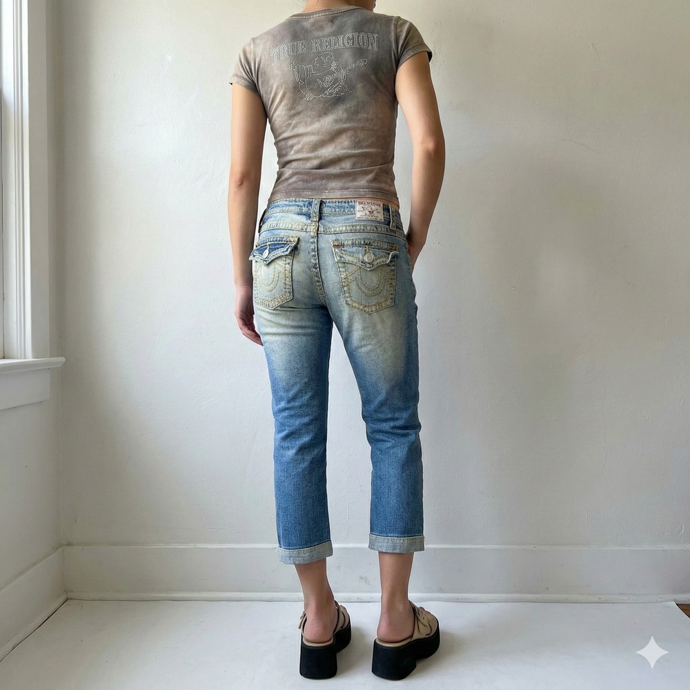 Vintage Y2K True Religion Billy Jeans Womens 30 Distressed Light Wash Cropped